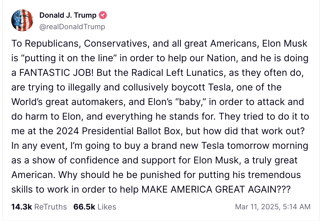 Trump emite declaración apoyando a Tesla de Elon Musk en medio de la crisis de aranceles | Fuente: TruthSocial, 11 de marzo